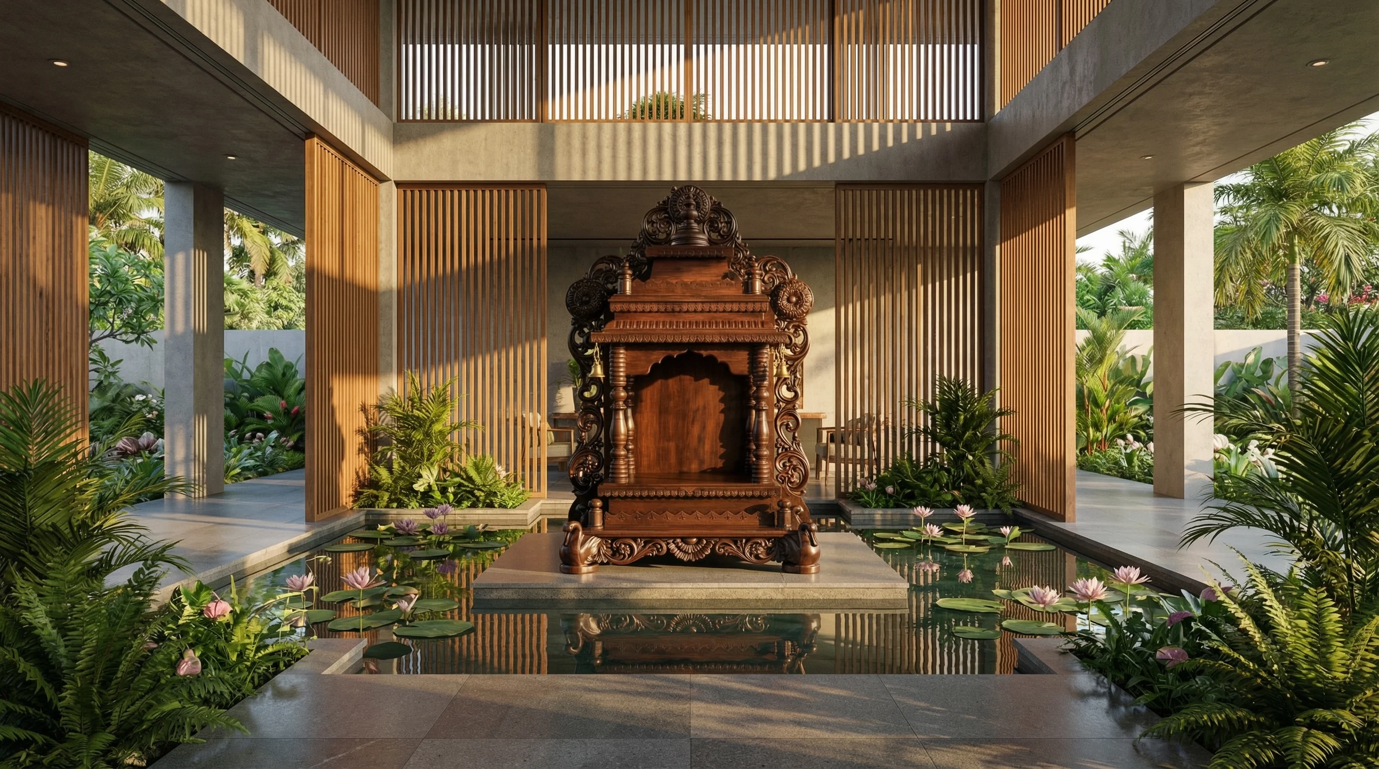 Hoysala mandir in a contemporary courtyard with lotus pond