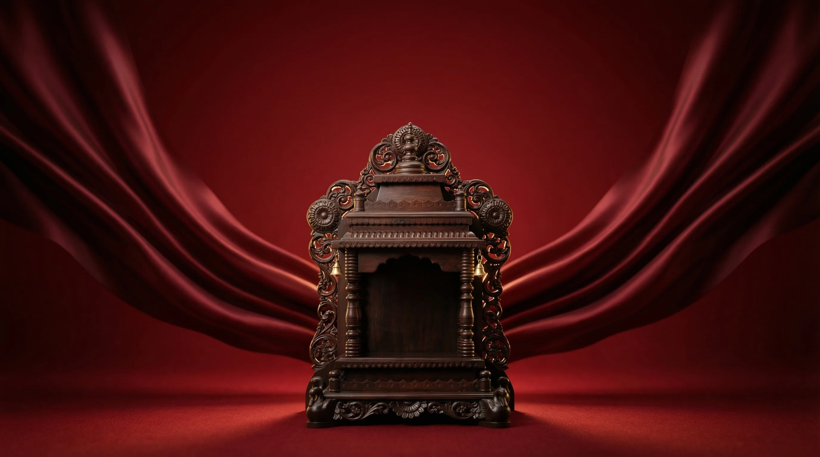 Carved rosewood mandir in a tropical pavilion with koi pond